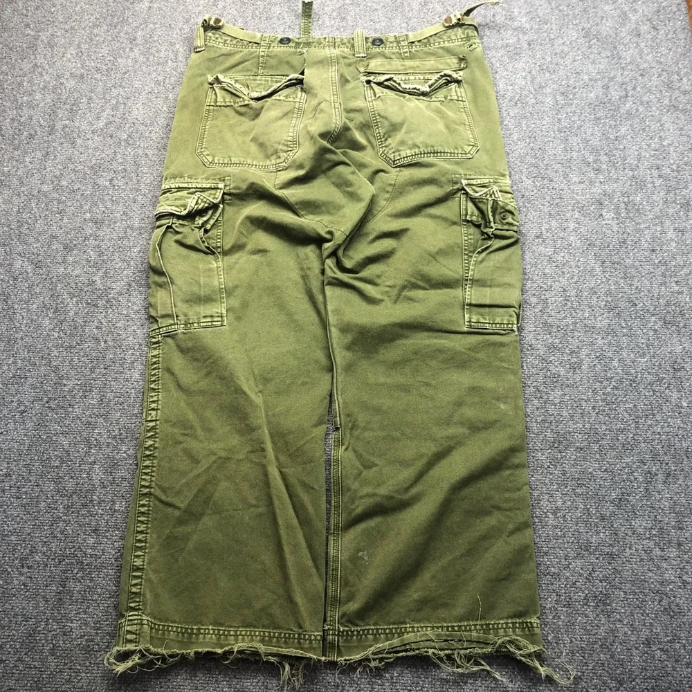 Vintage Distressed Olive Green Cargo Pants Mens Wide Leg Multi Pocket 36x27